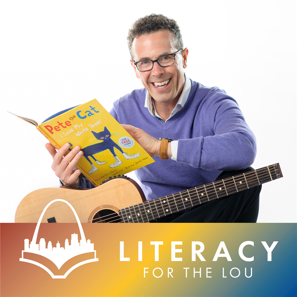  Author Eric Litwin holding a Pete the Cat book and a guitar with the Literacy for the Lou logo